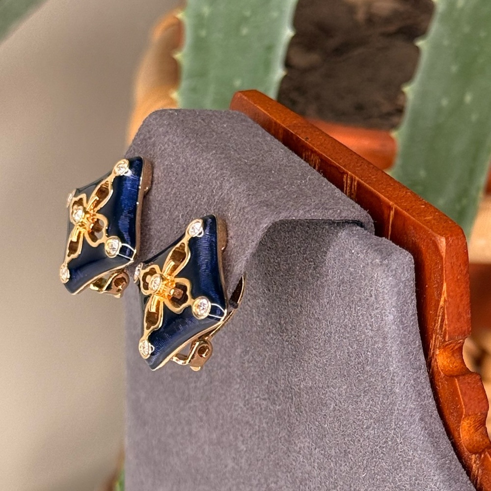 Vintage Swarovski Swan Logo Navy Enamel Gold Floral Crystal Clip-On Earrings - Picture 2 of 7